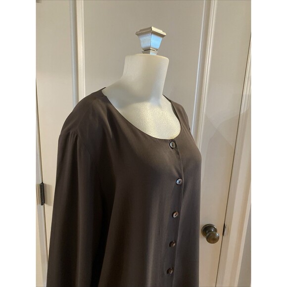 Eileen Fisher Silk L Brown Button Shirt‎ Jacket Lightweight Slits Sides - Picture 4 of 14